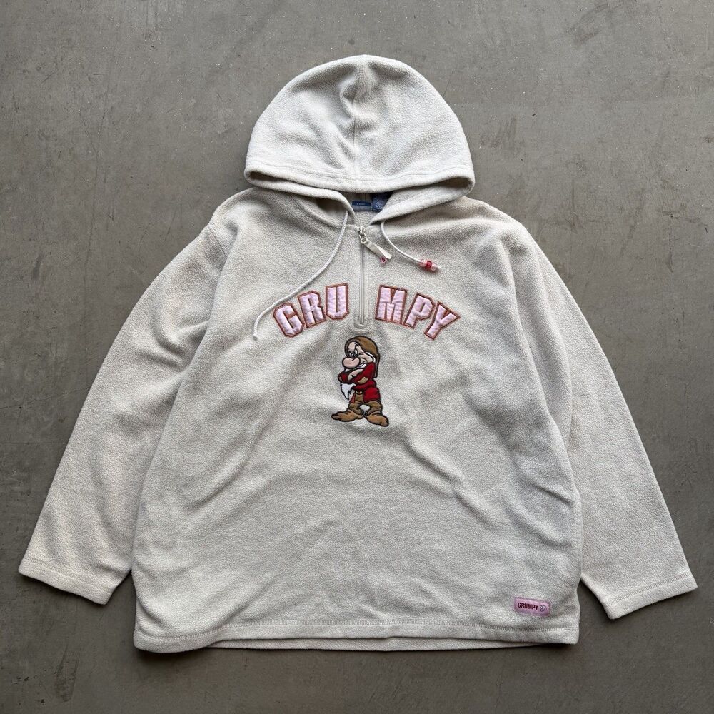 Vintage Disney Grumpy Fleece XL Hoodie Pullover Snow White Dwarf Sherpa Cream